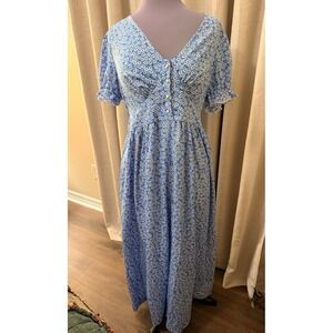 SBETRO Suzanne Betro Blue Floral Daisy Maxi Dress V-Neck Puff Sleeve 1XL